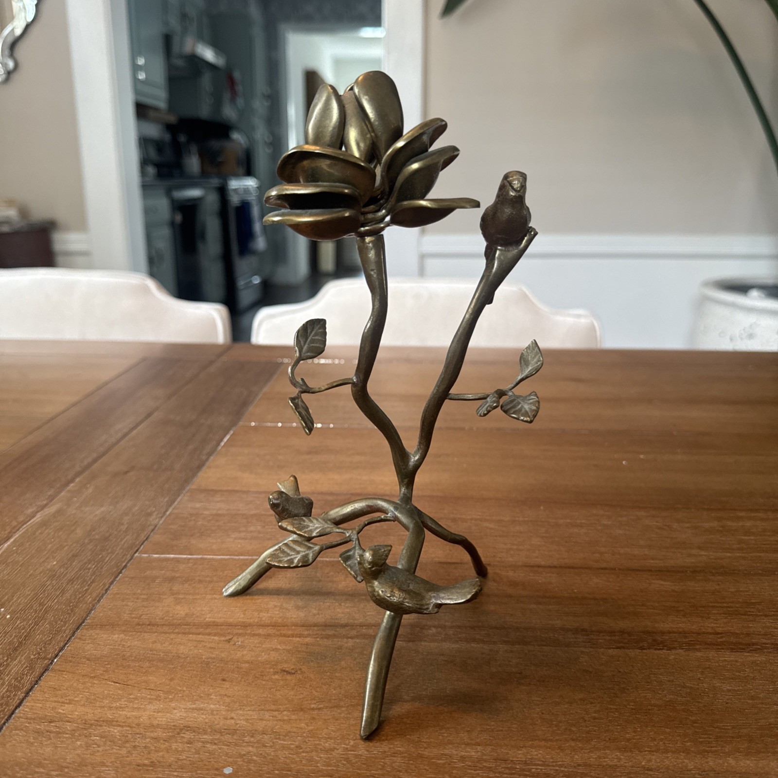 Vintage Rare Brass Sculpture of Bird on a Rose Branch Decor Vintage Rare Brass Sculpture of Bird on a Rose Branch Decor