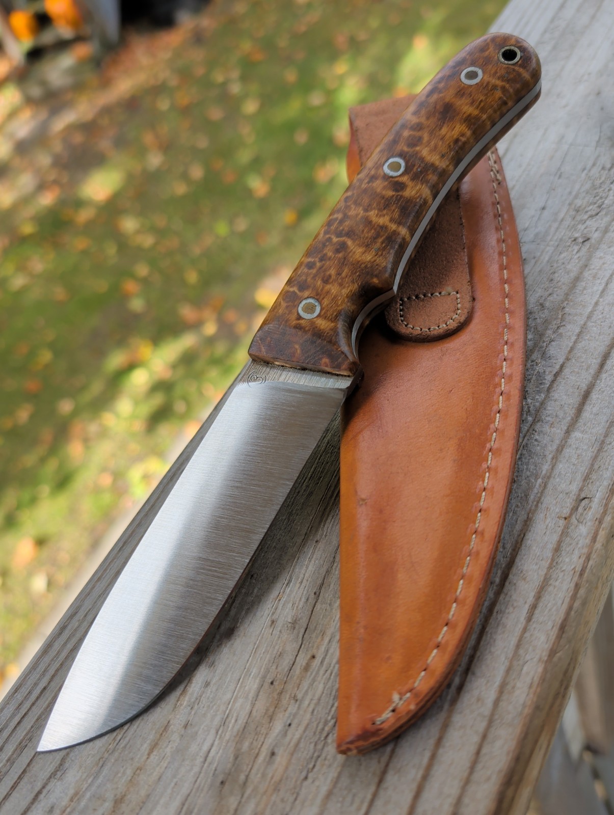 Custom Hand Ground Camp Knife S1 Tool Steel Golden Quilted Maple Custom Sheath
