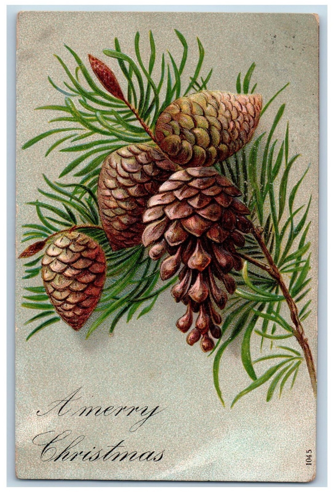 Christmas Postcard Pine Cone Embossed Marcus Iowa IA 1909 Posted Antique