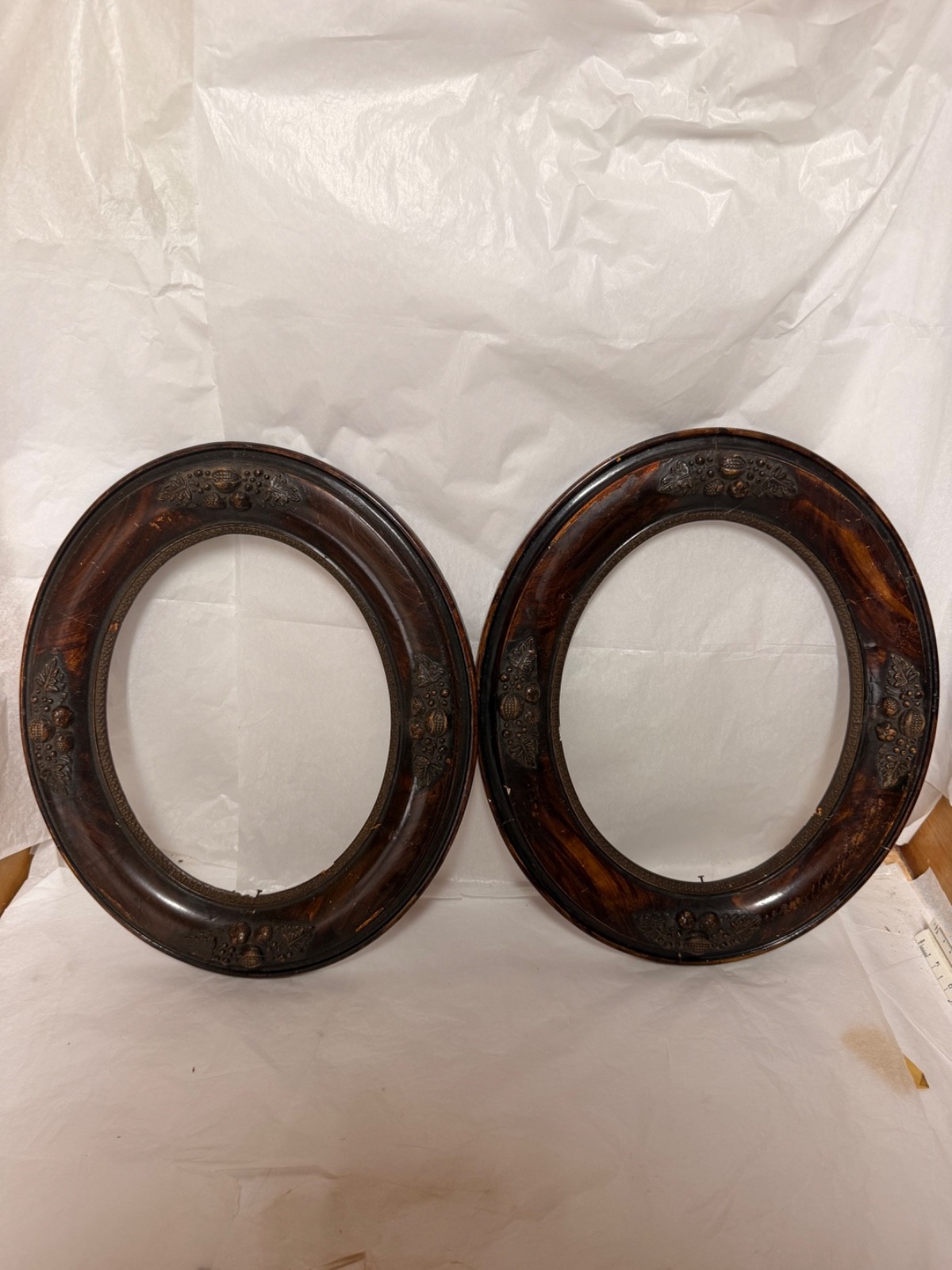 Pair of Antique Victorian Oval Picture Frames with Botanical Relief – 14”