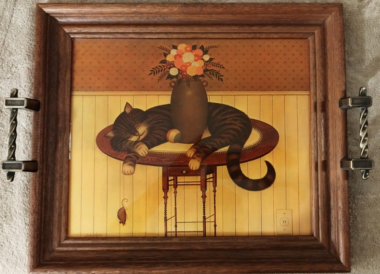 VTG Charles Wysocki Herkymer Cat Lacquer Wooden Serving Tray Wall Hanging Frame VTG Charles Wysocki Herkymer Cat Lacquer Wooden Serving Tray Wall Hanging Frame