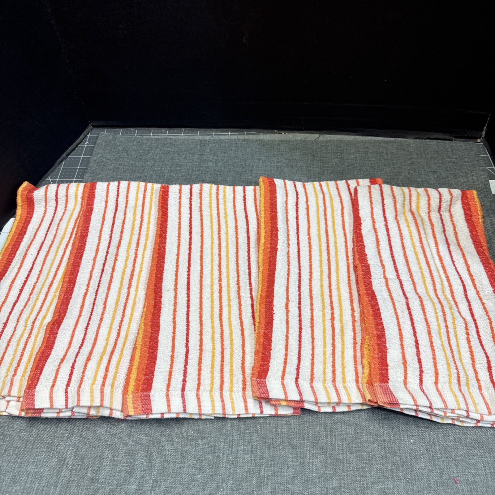 lot of 5 vintage RED YELLOW ORANGE  stripped kitchen towels