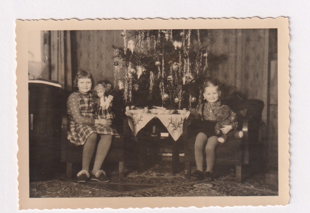 1959 German Christmas Scene Two Children with Toys & Doll Vintage Photo