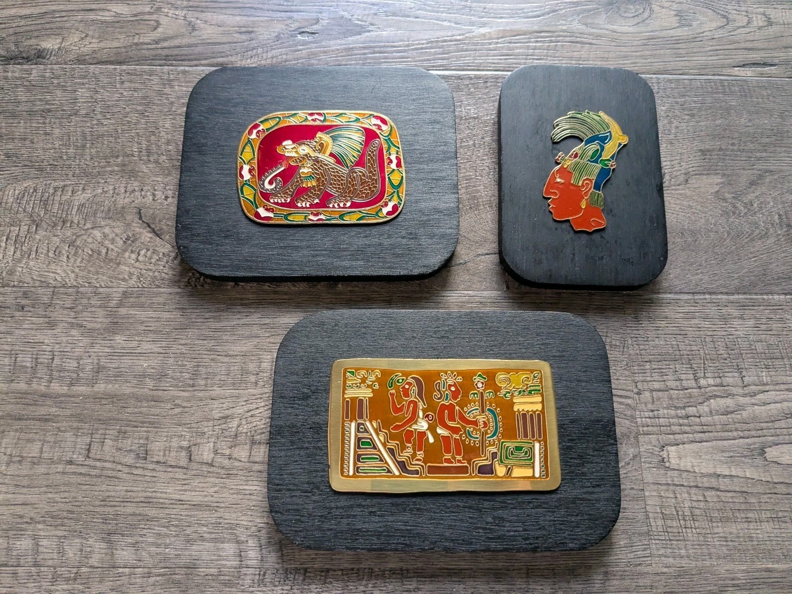 Lot of 3 Vintage Cre Art S.A Mexico Wall Art Plaques Enamel On Brass Wood NICE Lot of 3 Vintage Cre Art S.A Mexico Wall Art Plaques Enamel On Brass Wood NICE