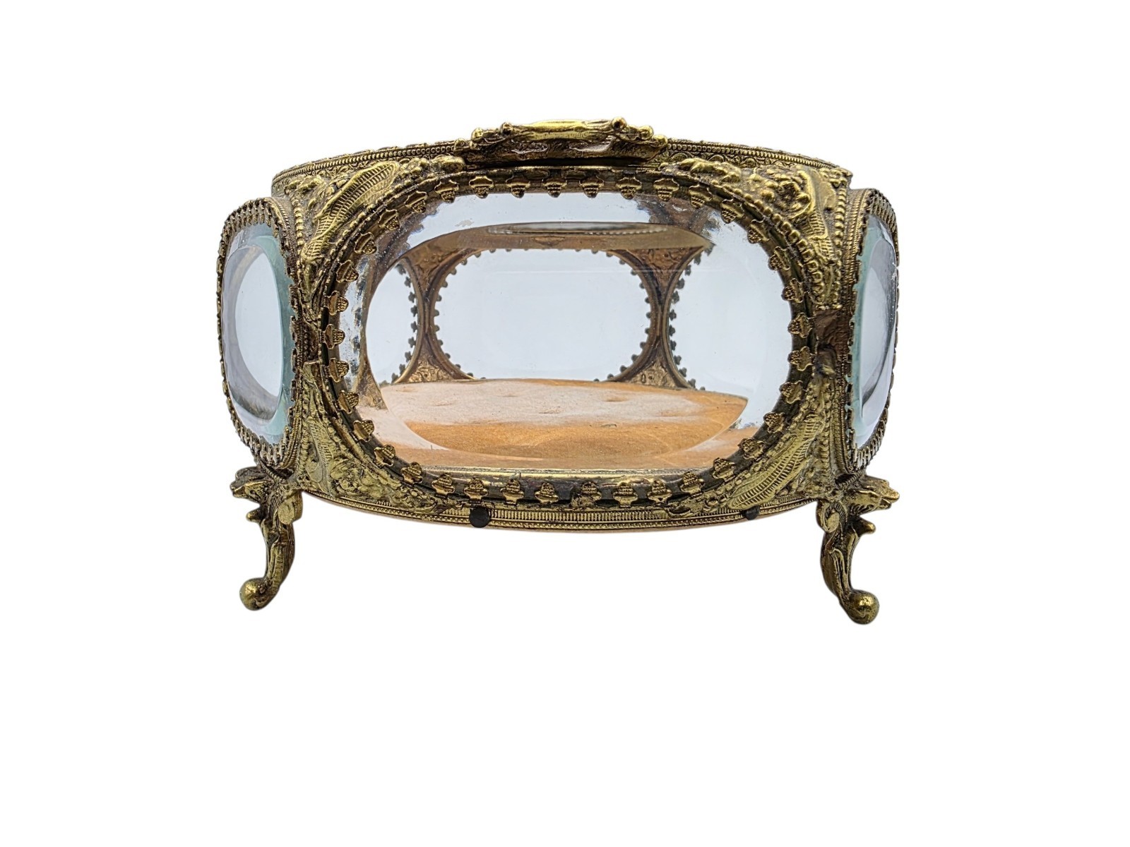 Vintage Ormolu Gold Gilt Filigree Vanity Jewelry Casket Footed 6 Sides Glass 6