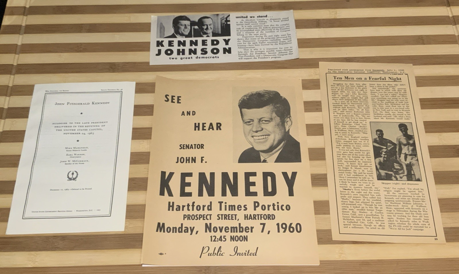 Original John F. Kennedy Lot  1960 Hartland Campaign Flyer, WW2 Article, Eulogy