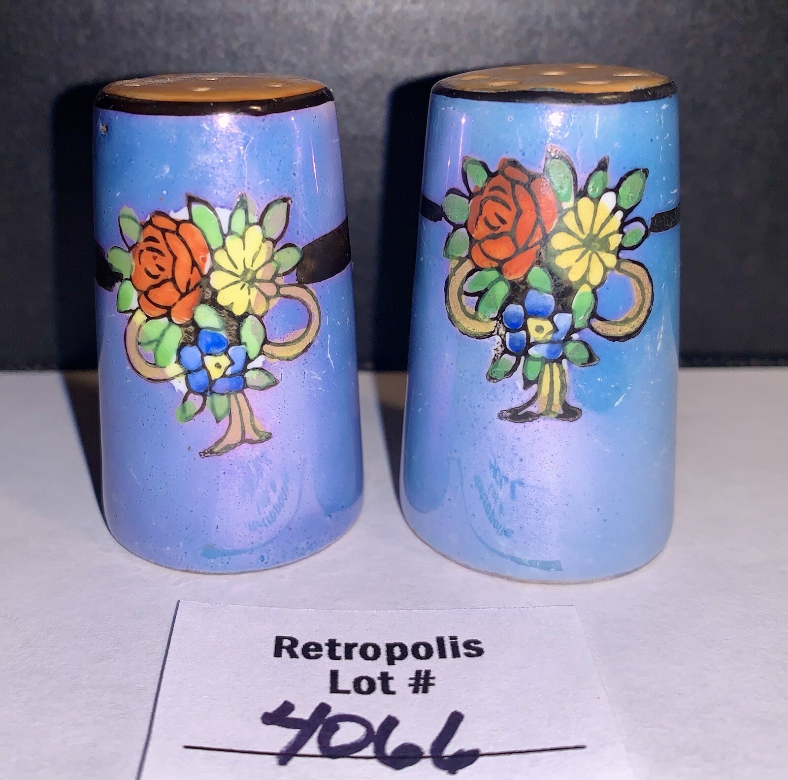 Blue Lusterware Floral Salt & Pepper Shakers Vintage Japan
