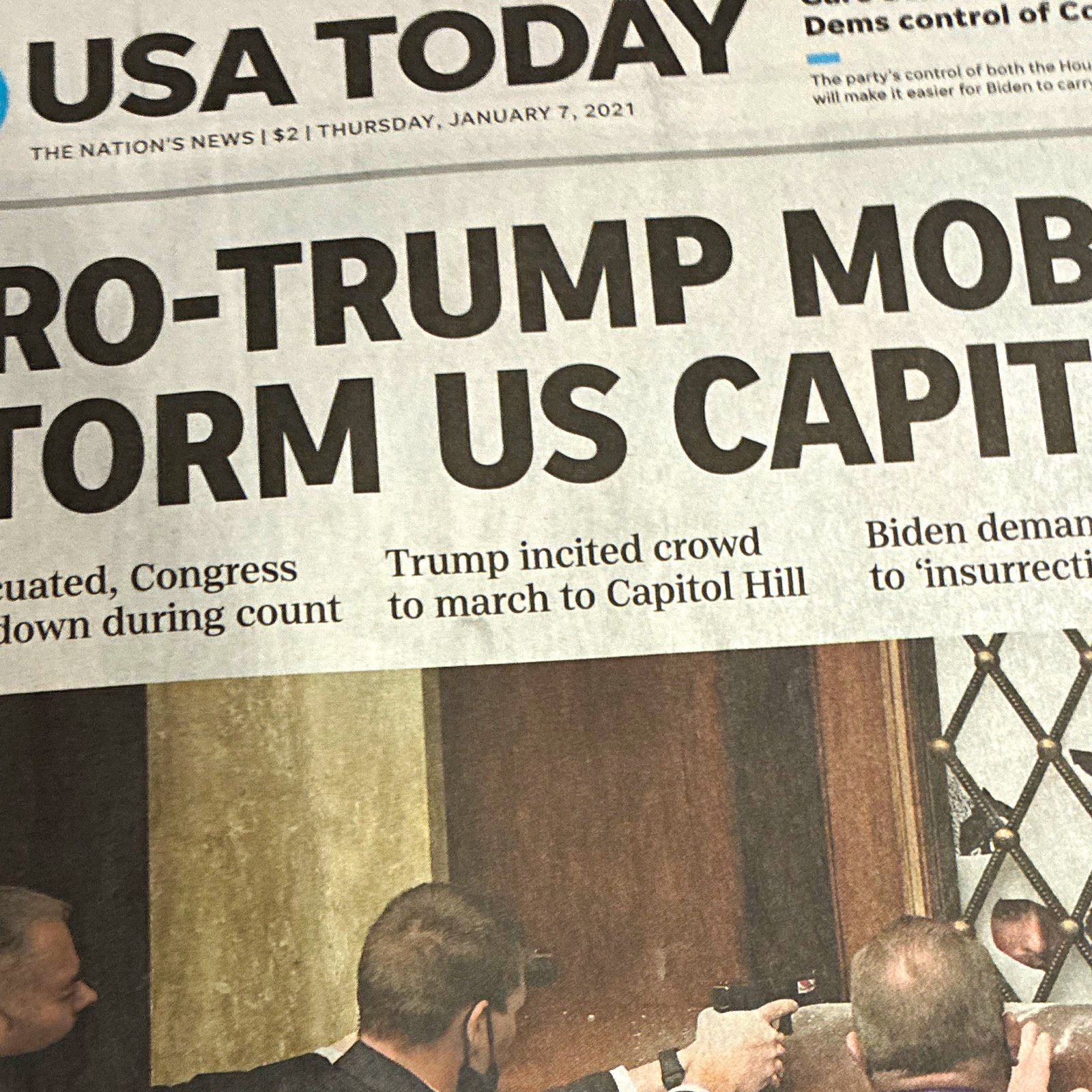 Pro-Trump Mob Storm US Capitol Front Page - USA Today January 7 2021 Newspaper