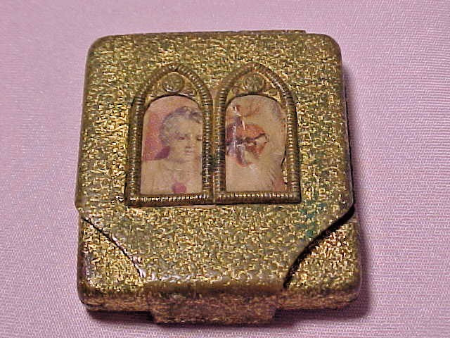 WWI Folding Pocket Shrine St Anthony Figurine & Amethyst Bead Rosary