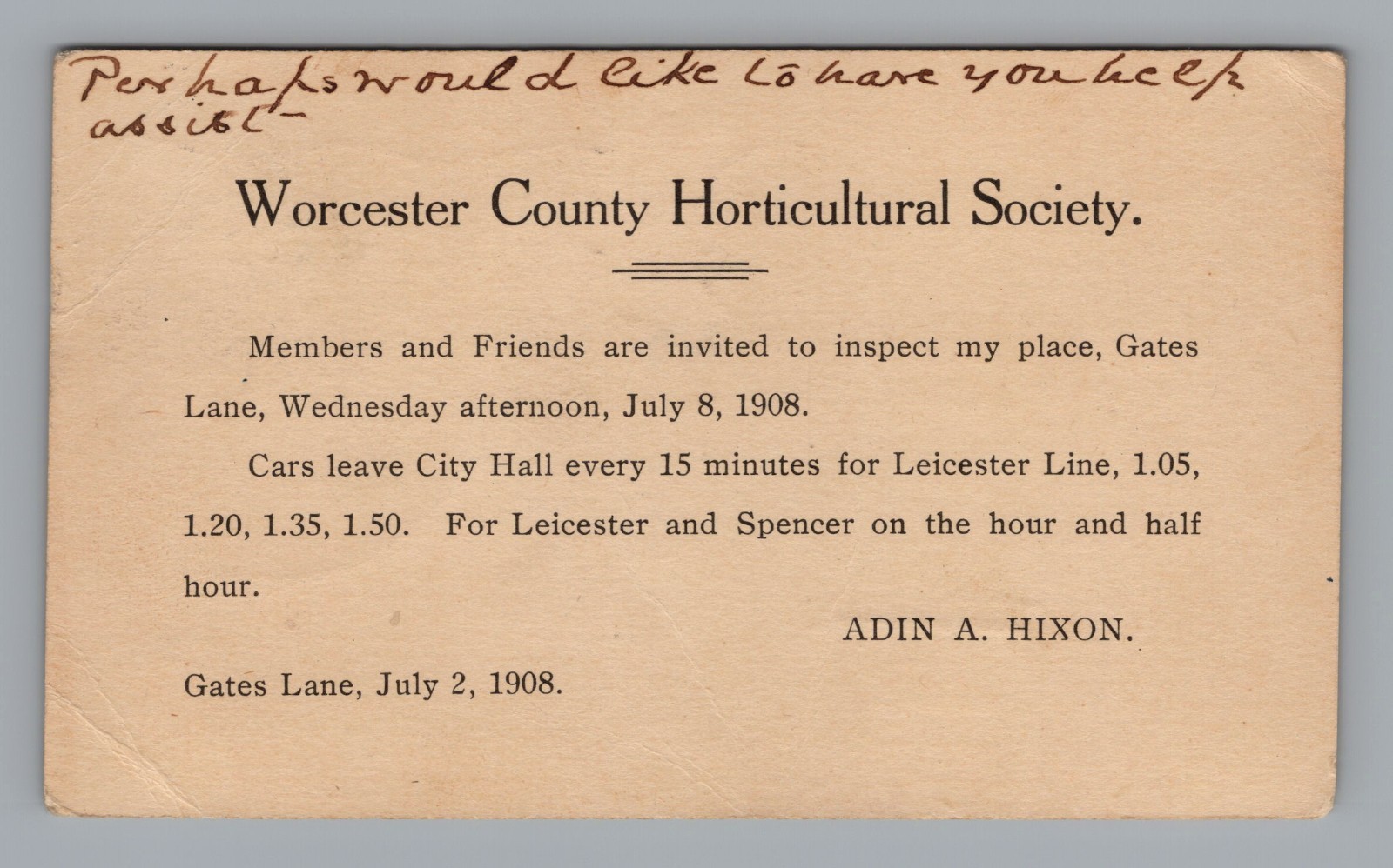 1908 Worcester County Horticultural Society Postcard Adin Hixon Trolley Route