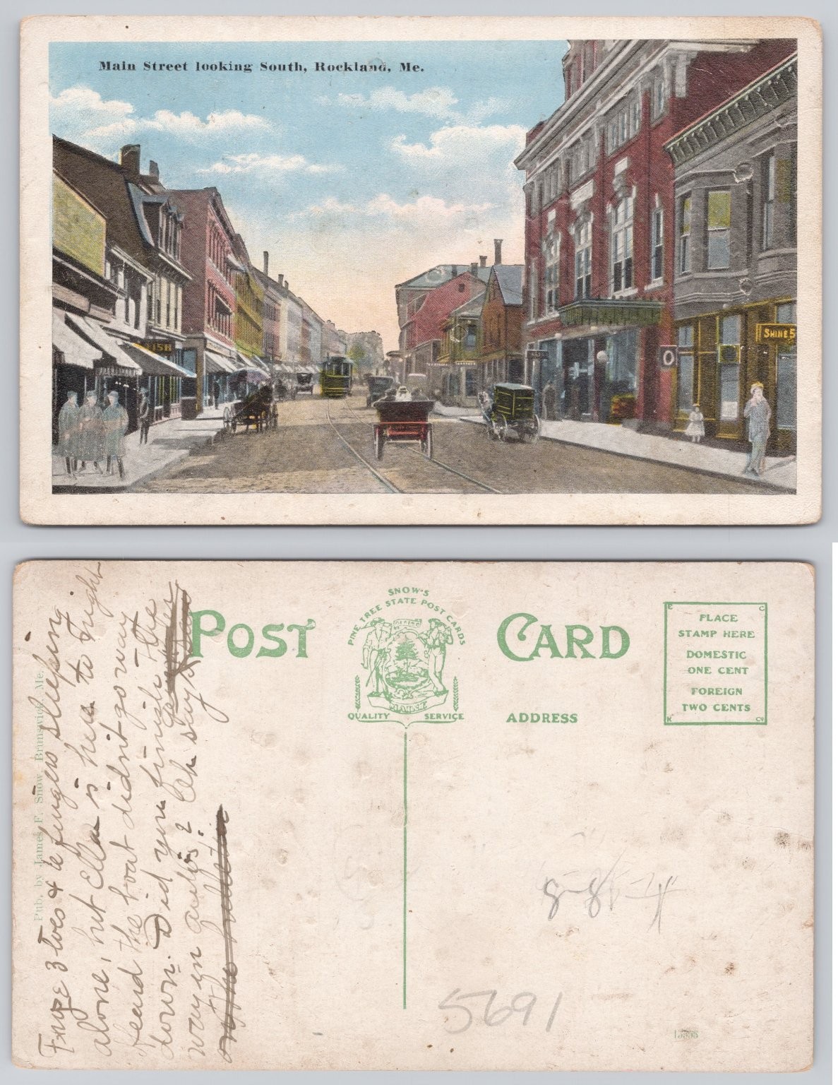 Rockland, ME Main Street South View Postcard c.1914 Horse & Trolley James F