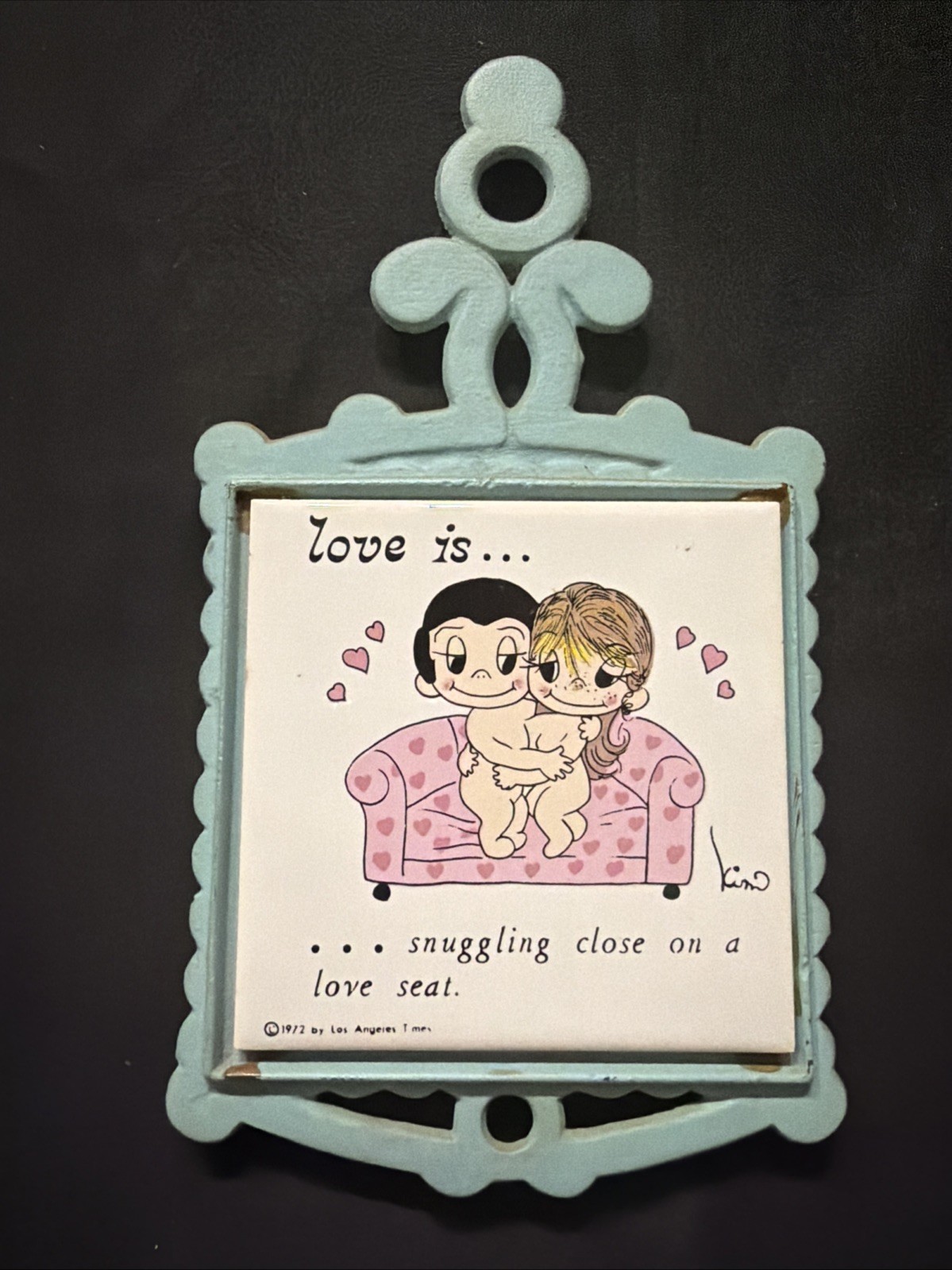 Vintage 1970\'s Los Angeles Times Love Is Plaque Trivet Blue Iron Frame 🥰