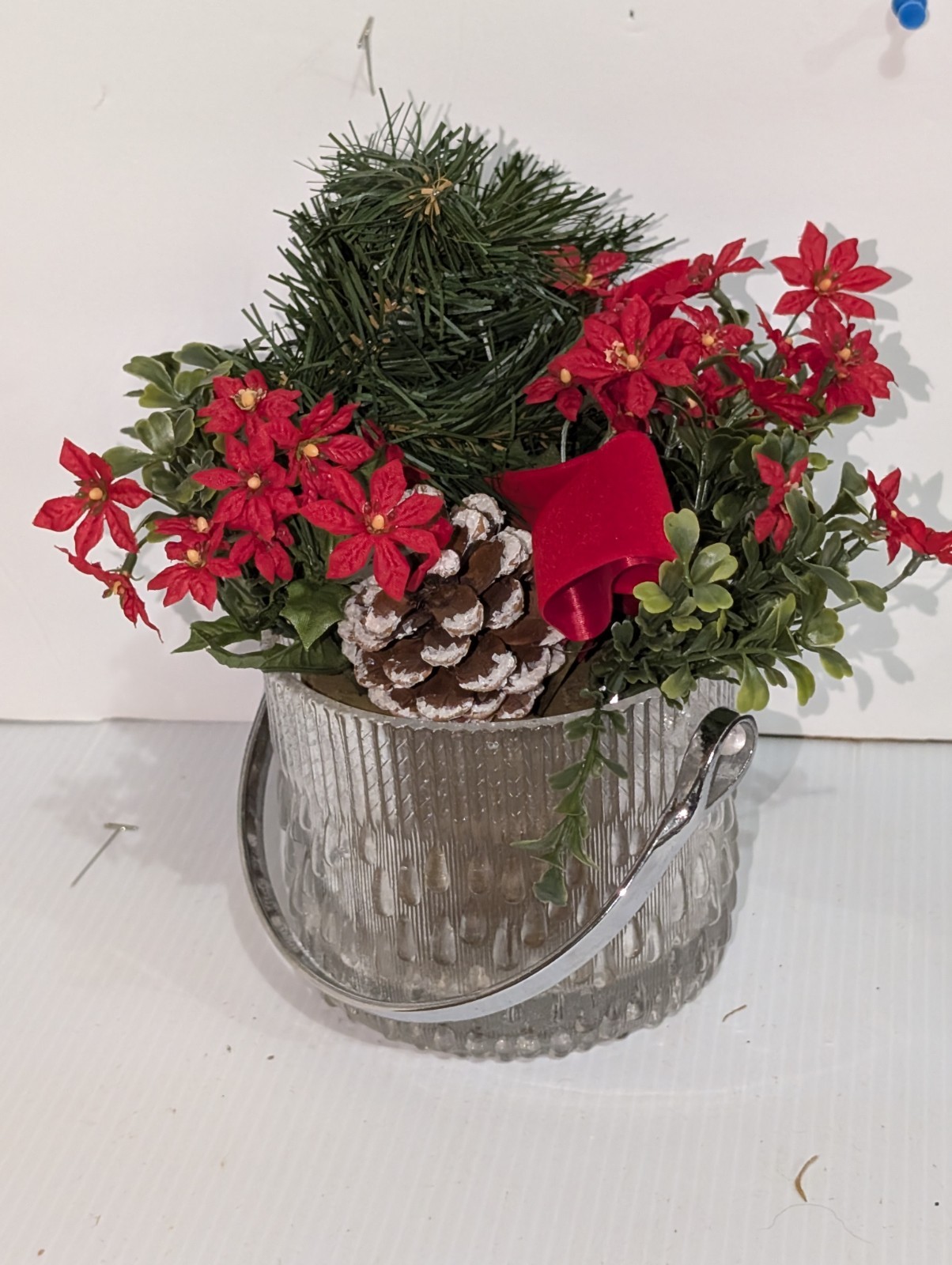 Vintage Glass Ice Bucket Christmas Floral Arrangement Faux Poinsettia Pinecone