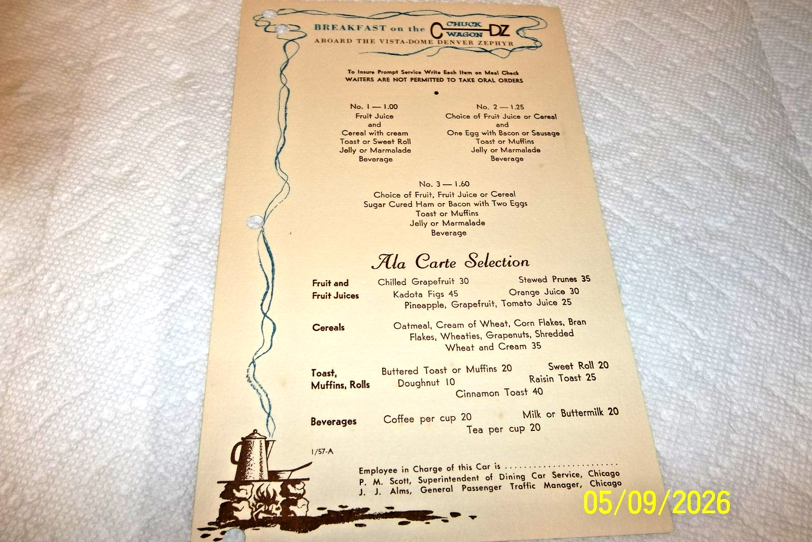 ORIGINAL 1957 BURLINGTON RAILROAD DENVER ZEPHYR CHUCKWAGON BREAKFAST MENU CARD