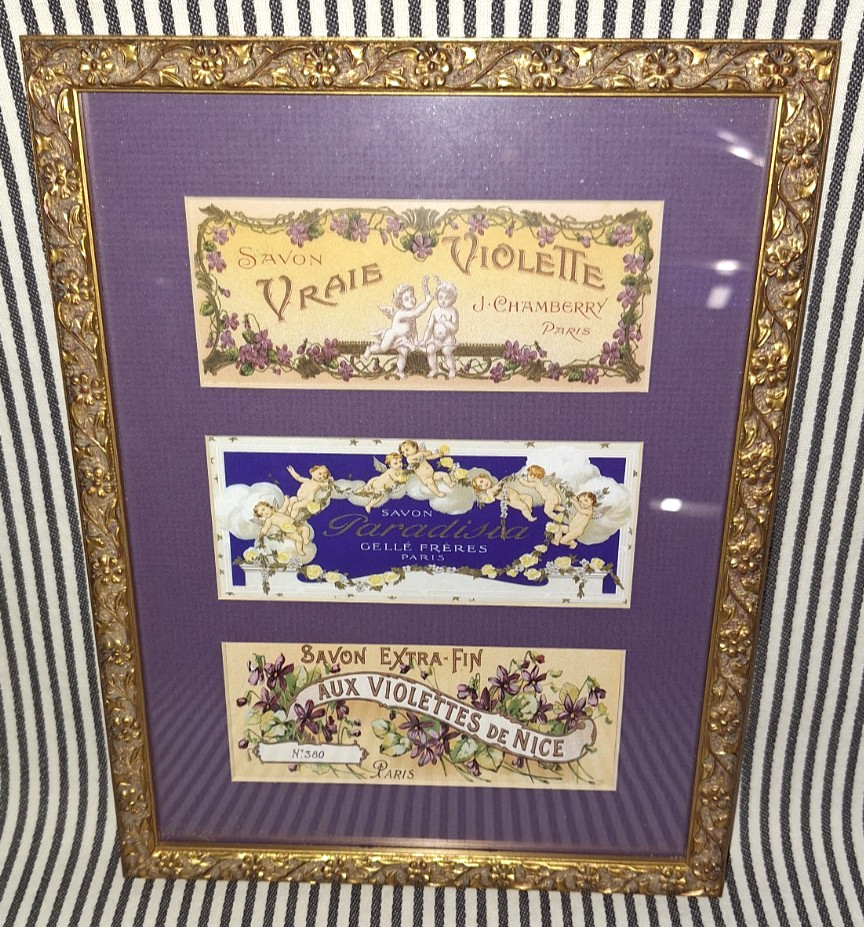 VTG FRAMED FRENCH SOAP LABELS PARIS ART CHERUBS VRAIS VIOLETTES NICE & PARADISIA