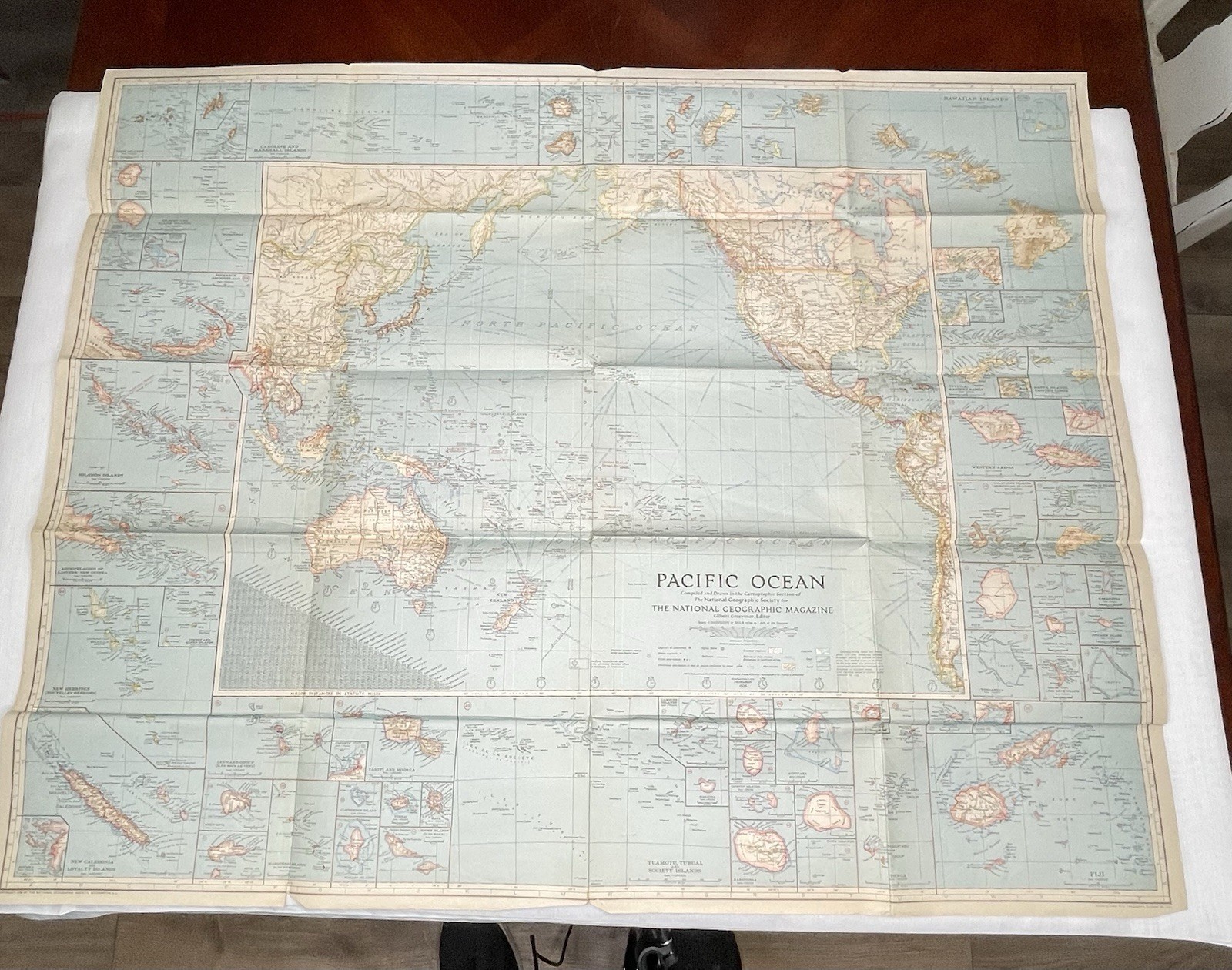 VTG Pacific Ocean Map National Geographic December 1936 38” X 30” Ships Folded