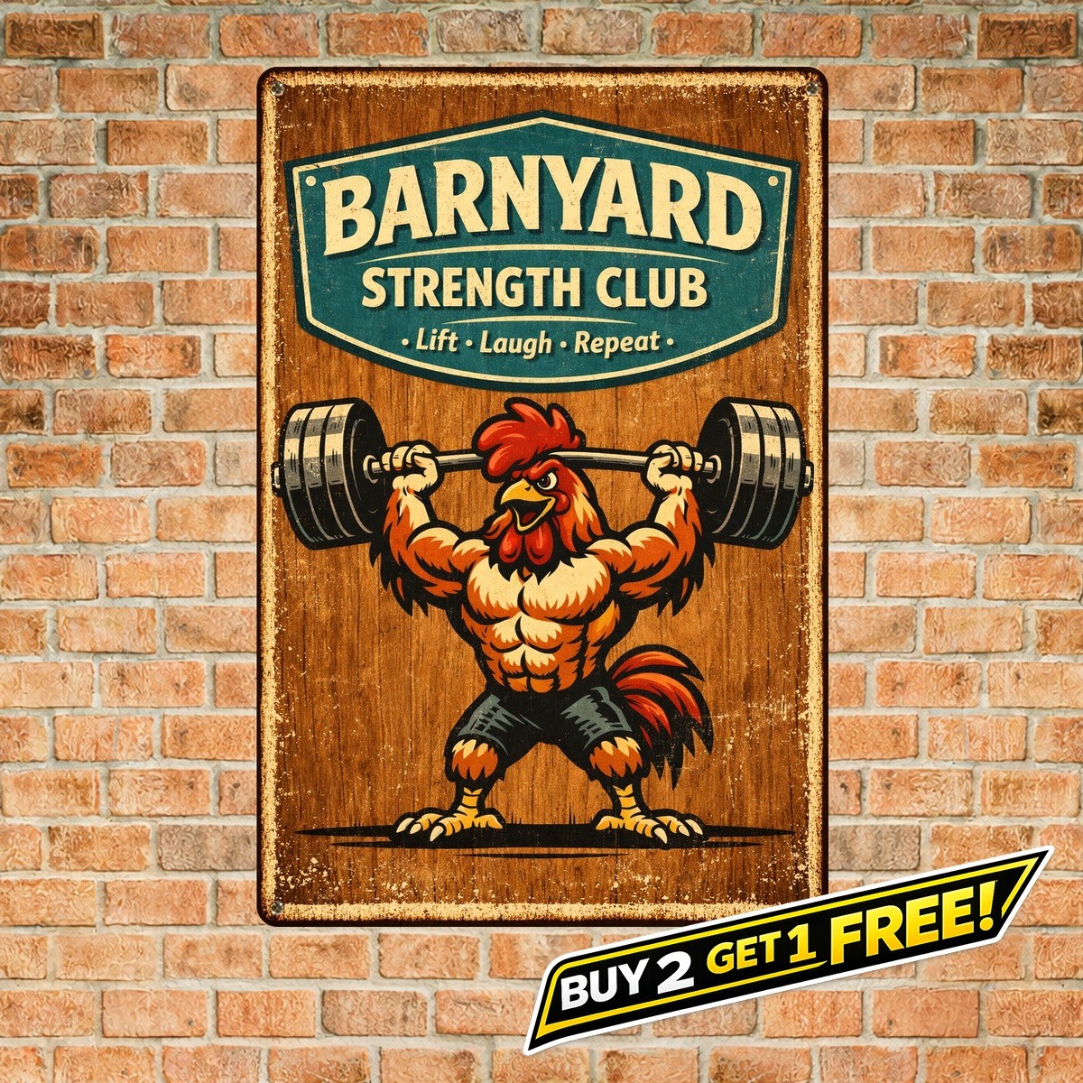 Quirky Rooster Lifting Weights Metal Tin Sign Funny Gym Wall Art 8x12