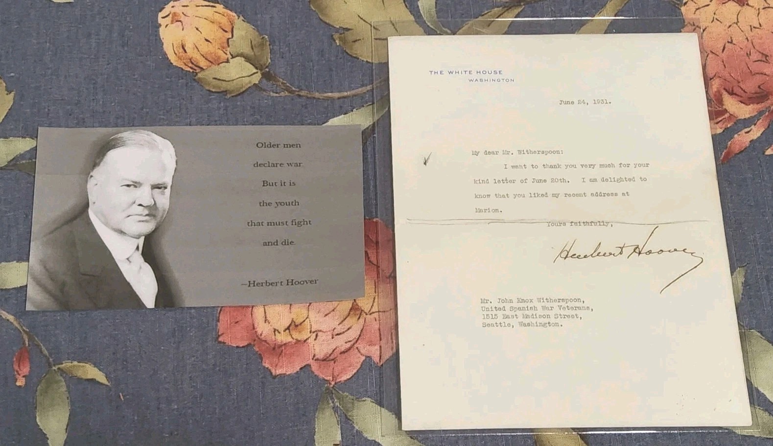 1931 LETTER SIGNED by HERBERT HOOVER as President For Speech Marion Cty Indiana
