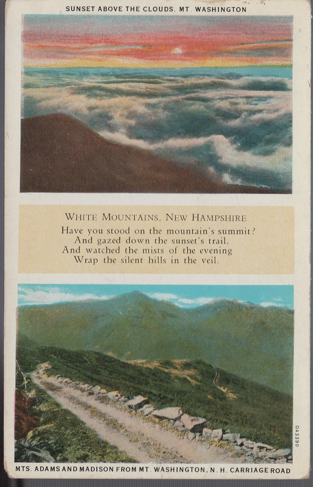 White Mountains NH postcard - Mount Washington Mt sunset - Carriage Road 1930s