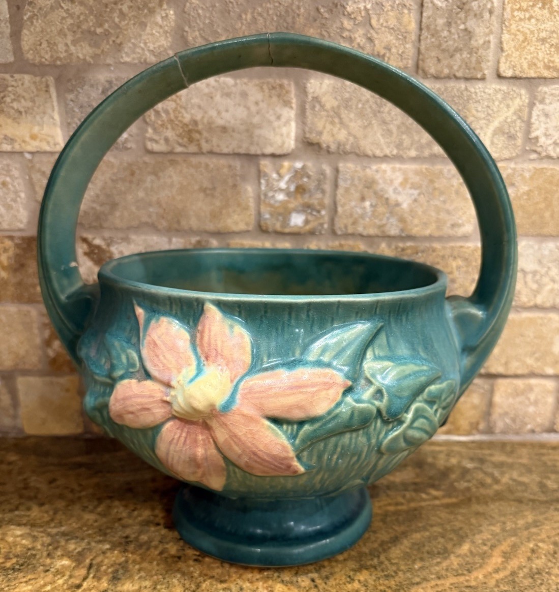 Roseville Pottery Clematis 389-10 Basket Vintage Green Pink  *Handle Repaired*