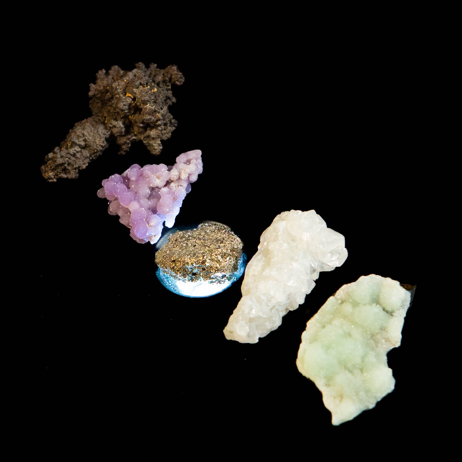 Rare 5pc Raw Crystal Bundle 138g Prophecy Stone Grape Agate Pyrite Quartz Mint