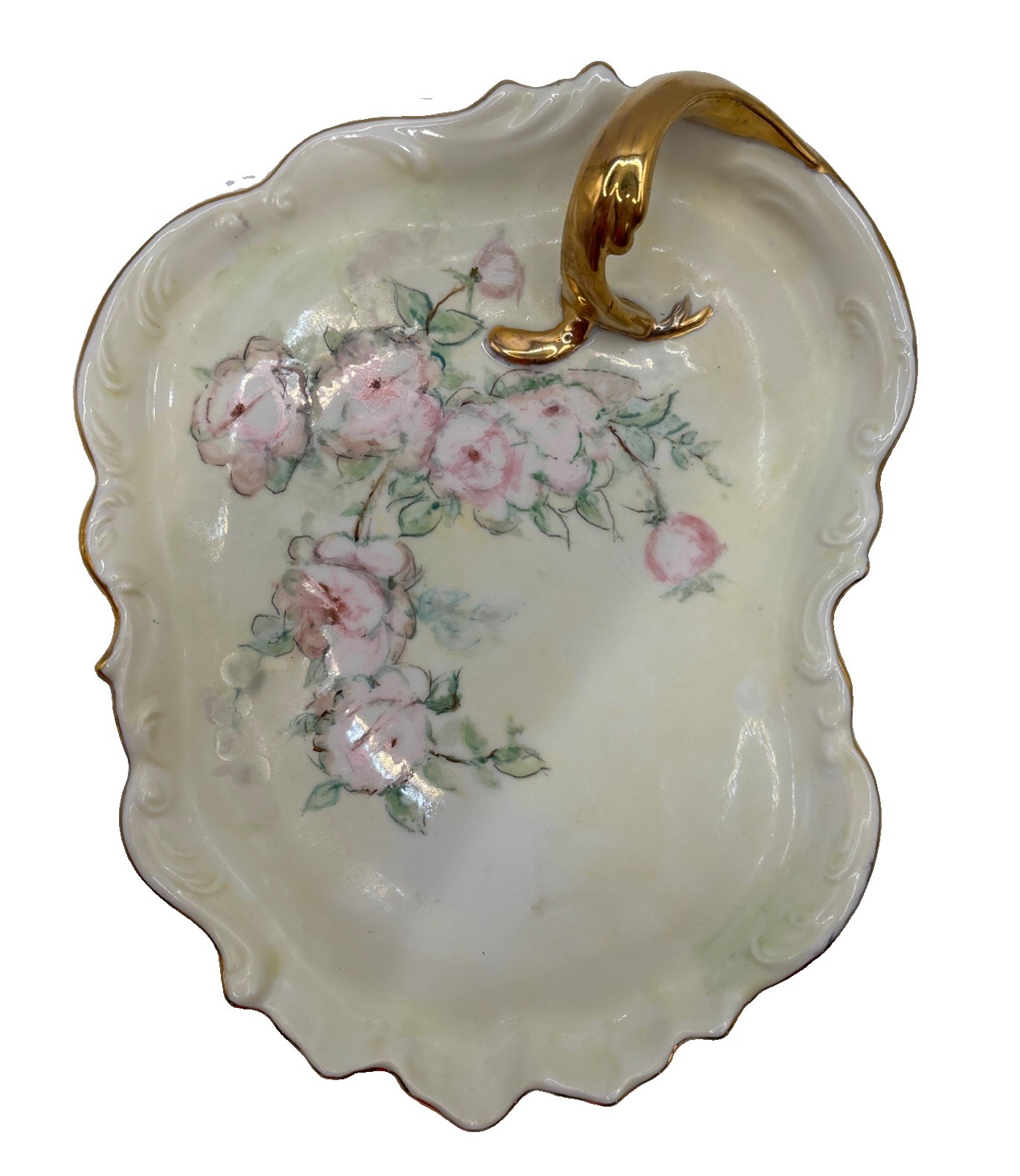 Antique Hand Painted Porcelain Vanity Tray Dresser Dish Gold Gilt Signed M Davis