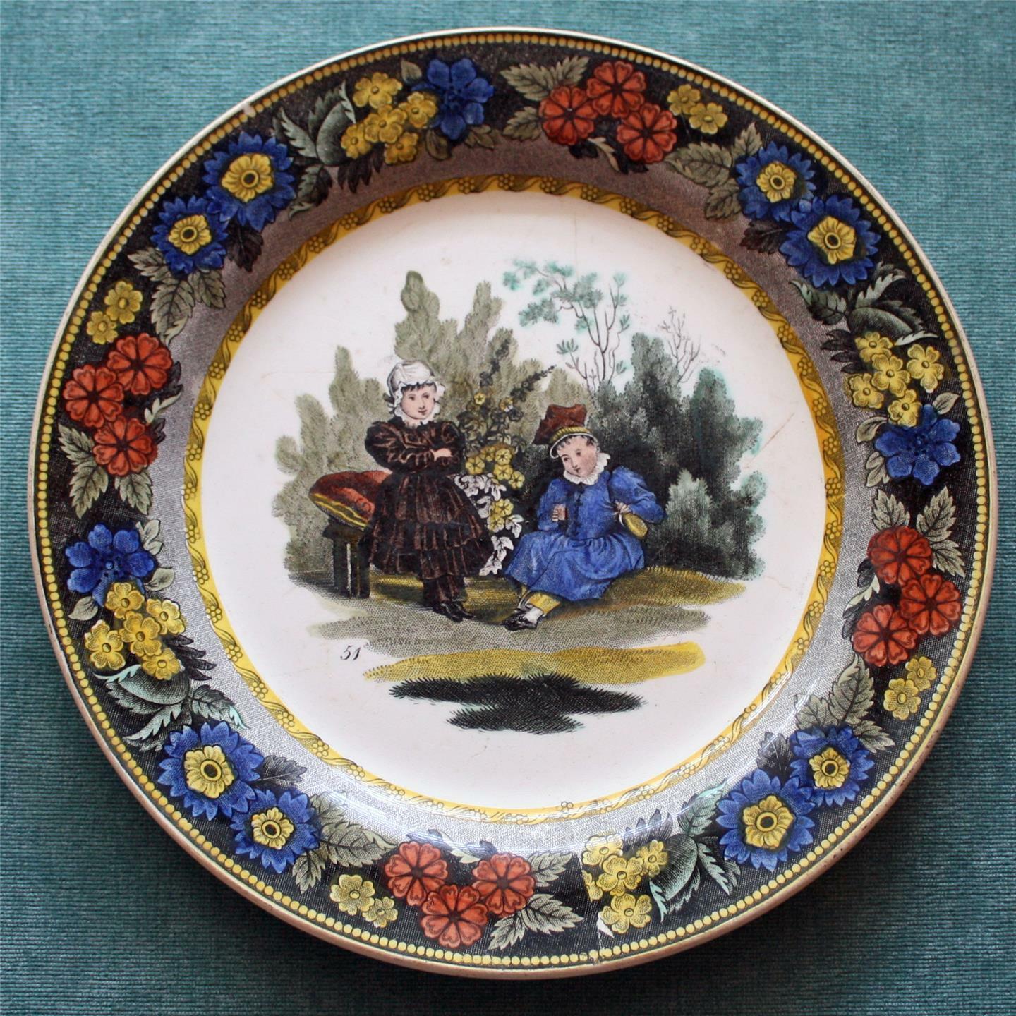 c. 1830 Antique French Faience Creil Plate, 2 Children