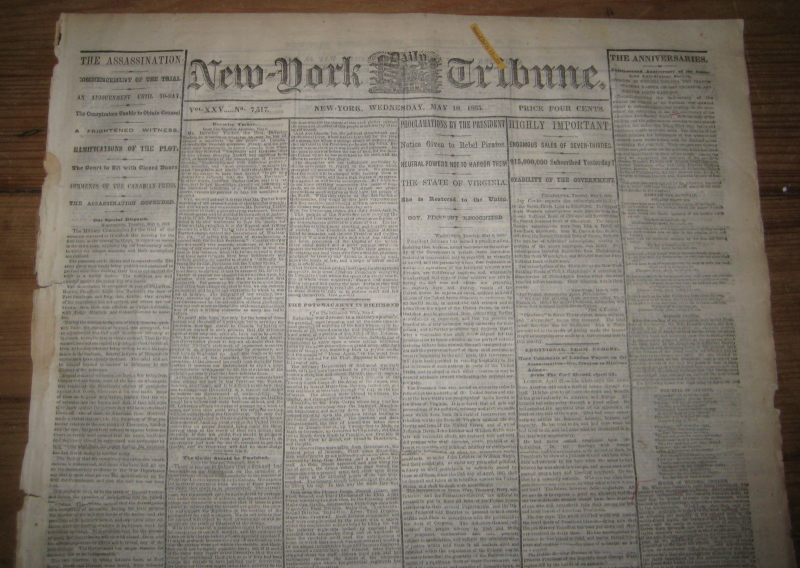 1865, New York Tribune, Abraham Lincoln Assassination and Trial +