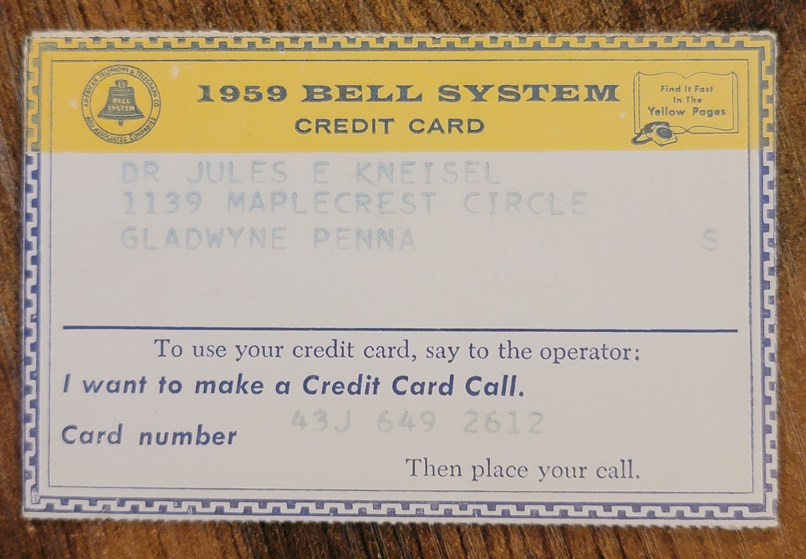 Vintage Obsolete Bell System 1957 Credit Card American Telephone & Telegraph Co.