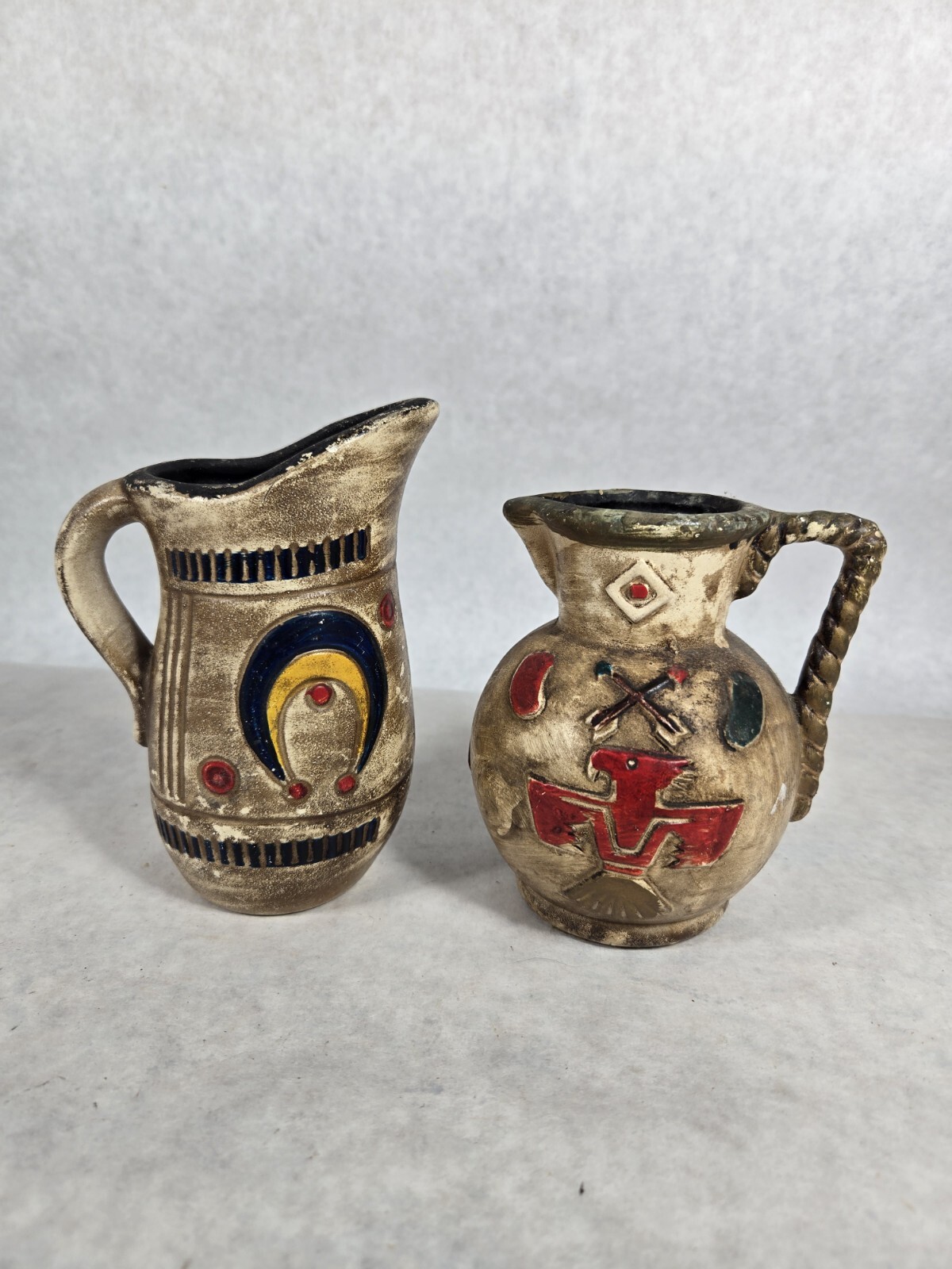 Set 2 Vintage Souvenir Native American Pottery Pitcher Jug Mug Vase Handle Lot