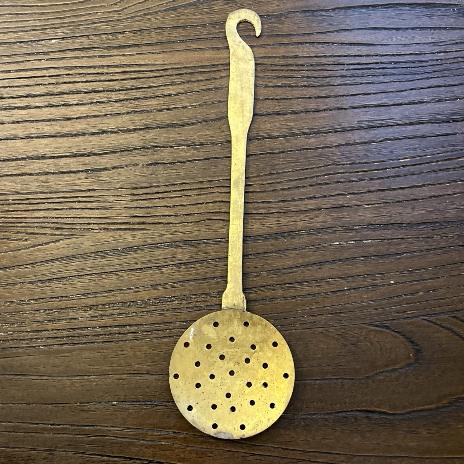 Vtg Brass Skimmer Strainer Hanging Kitchen Utensil Rustic Decor Patina Farmhouse