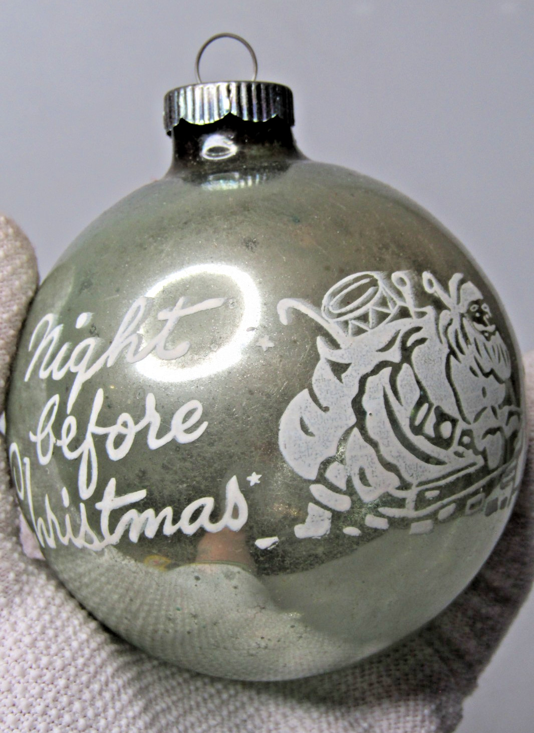 VTG Glass Stencil Pictured SANTA NIGHT BEFORE Christmas BALL Ornament Shiny Brit