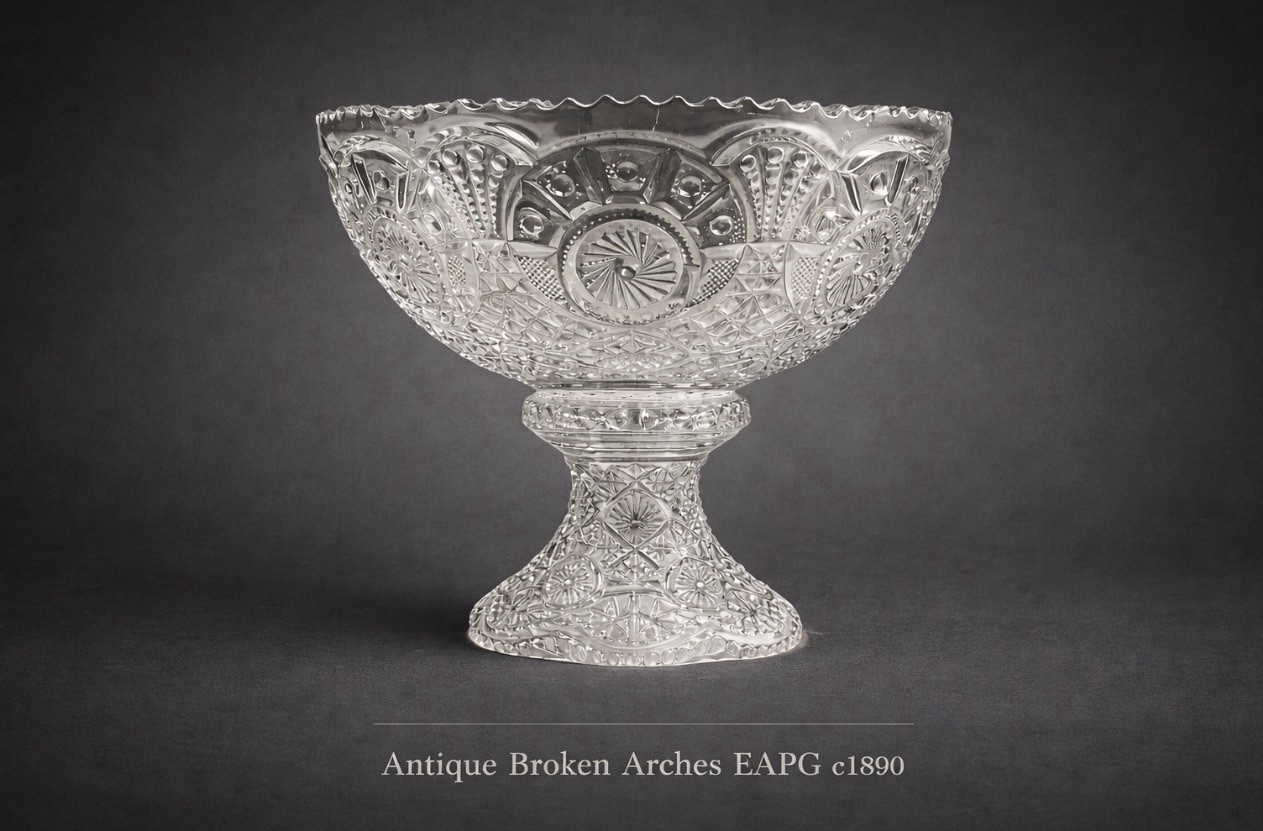 Antique Broken Arches Punch Bowl  w/ Origi. Pedestal EAPG Adams c1890 12\