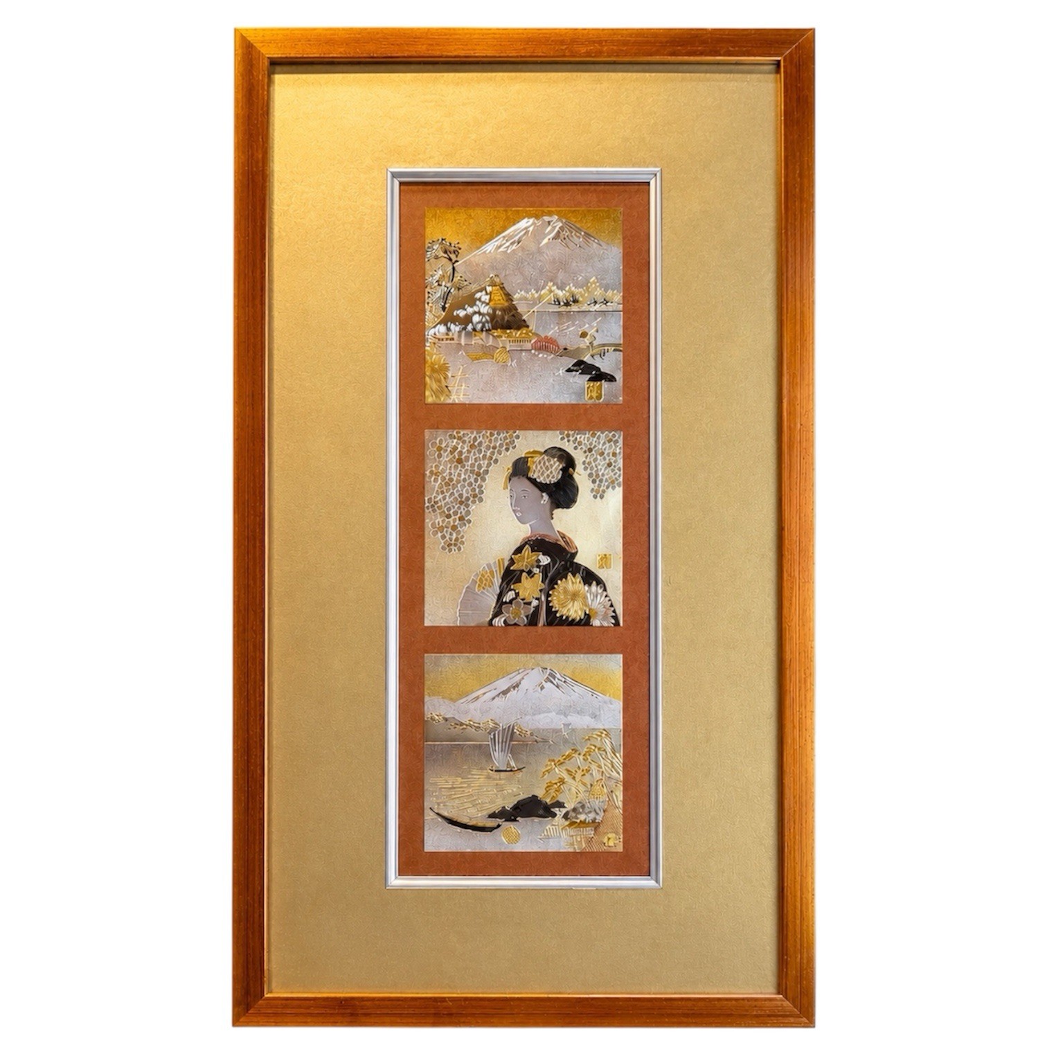 Vtg Japanese Chōkin Etched Metal Triptych Art Framed Mt Fuji Bijin Gold Silver