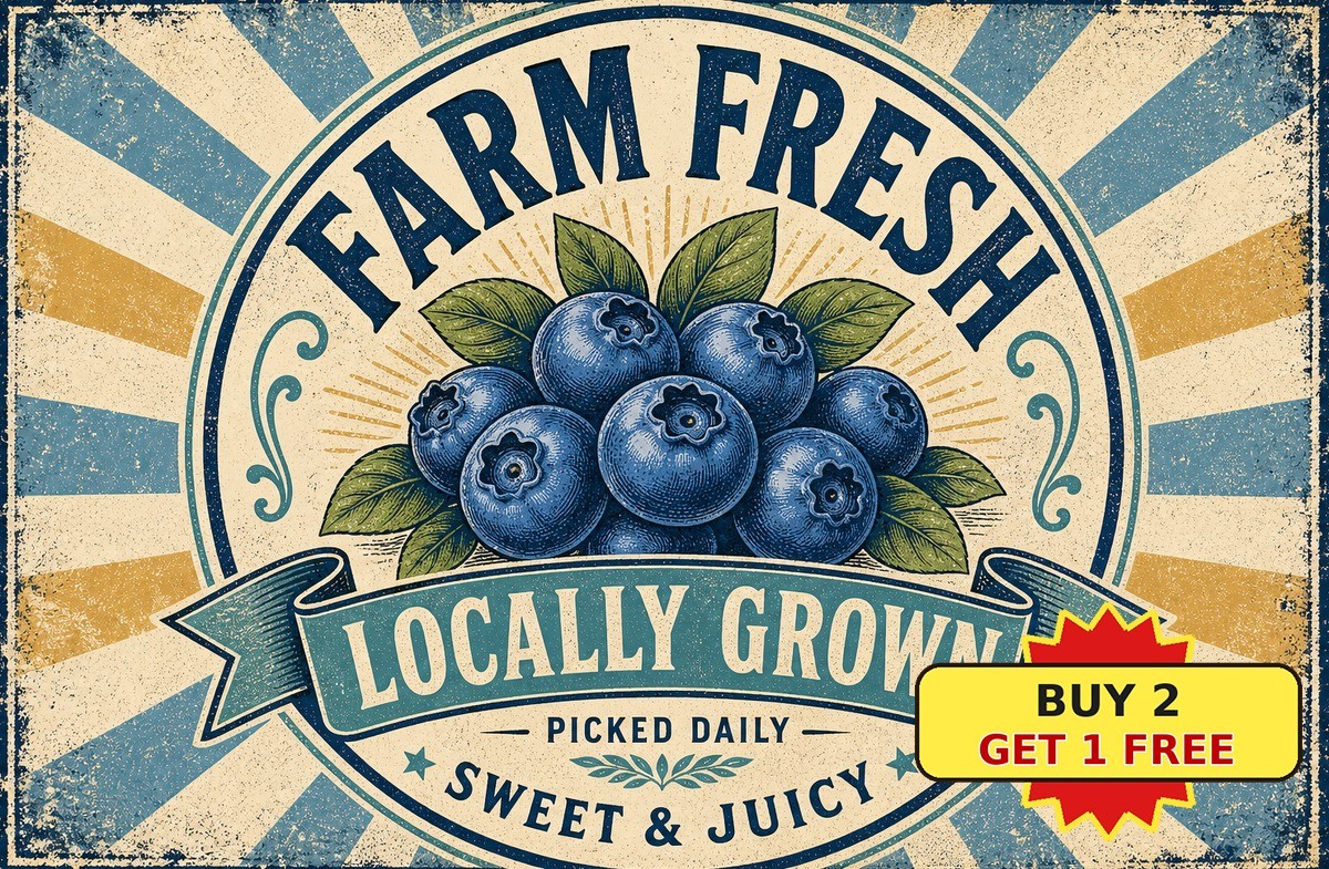 Blueberry Farm Fresh Sweet Juicy Fruit Orchard Kitchen Metal Tin Sign Decor