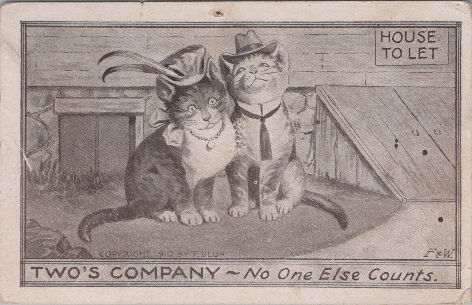 1910 Antique Humorous illustration of two dressed cats beside a House Postcard