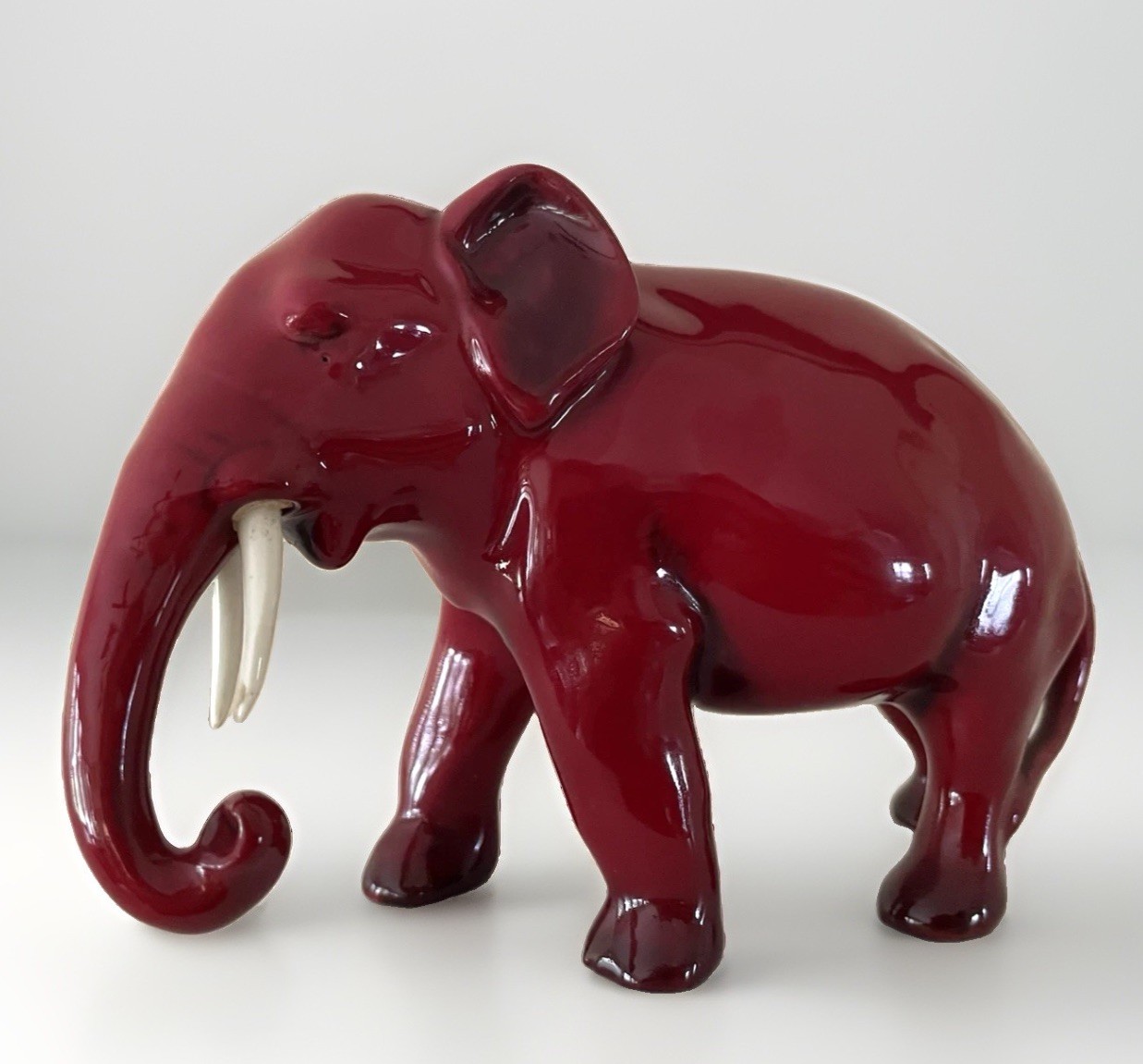 Rare Atq Royal Doulton Flambe Elephant Trunk Down W/ Ivory Tusks figurine EUC