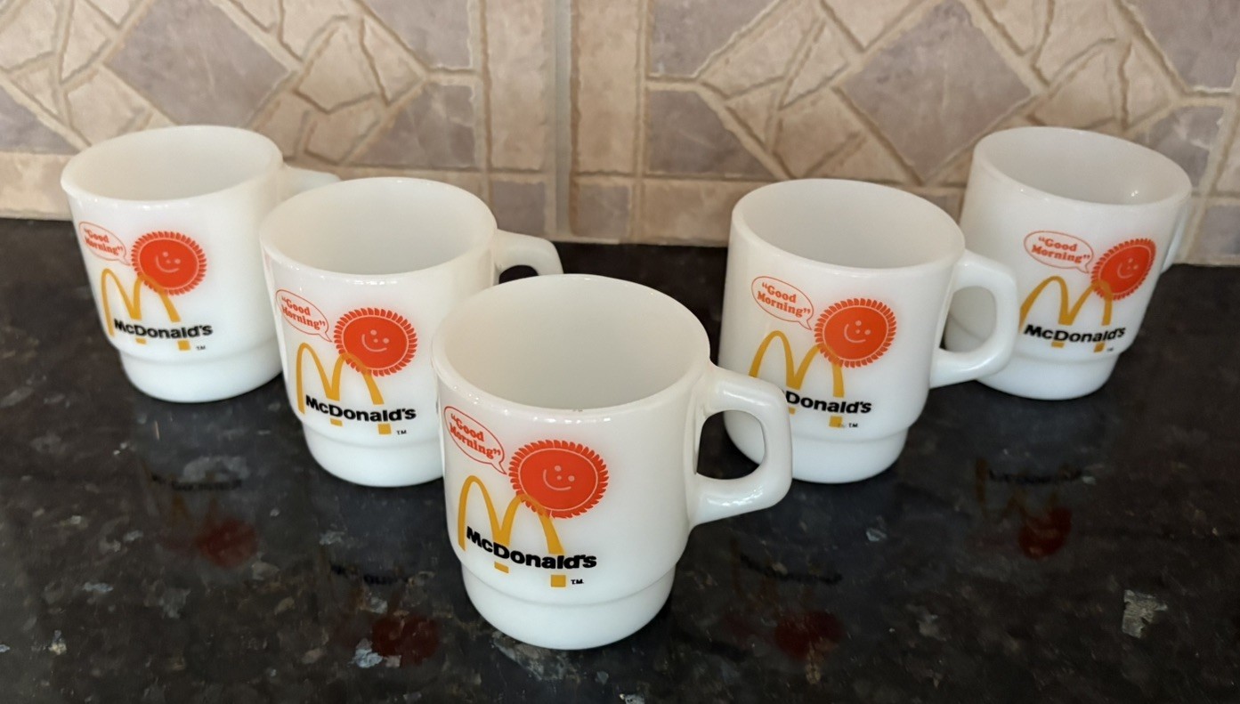 VTG 5 McDonald\'s Good Morning Mugs Cups Anchor Hocking Fire King Good Cond. ☀️