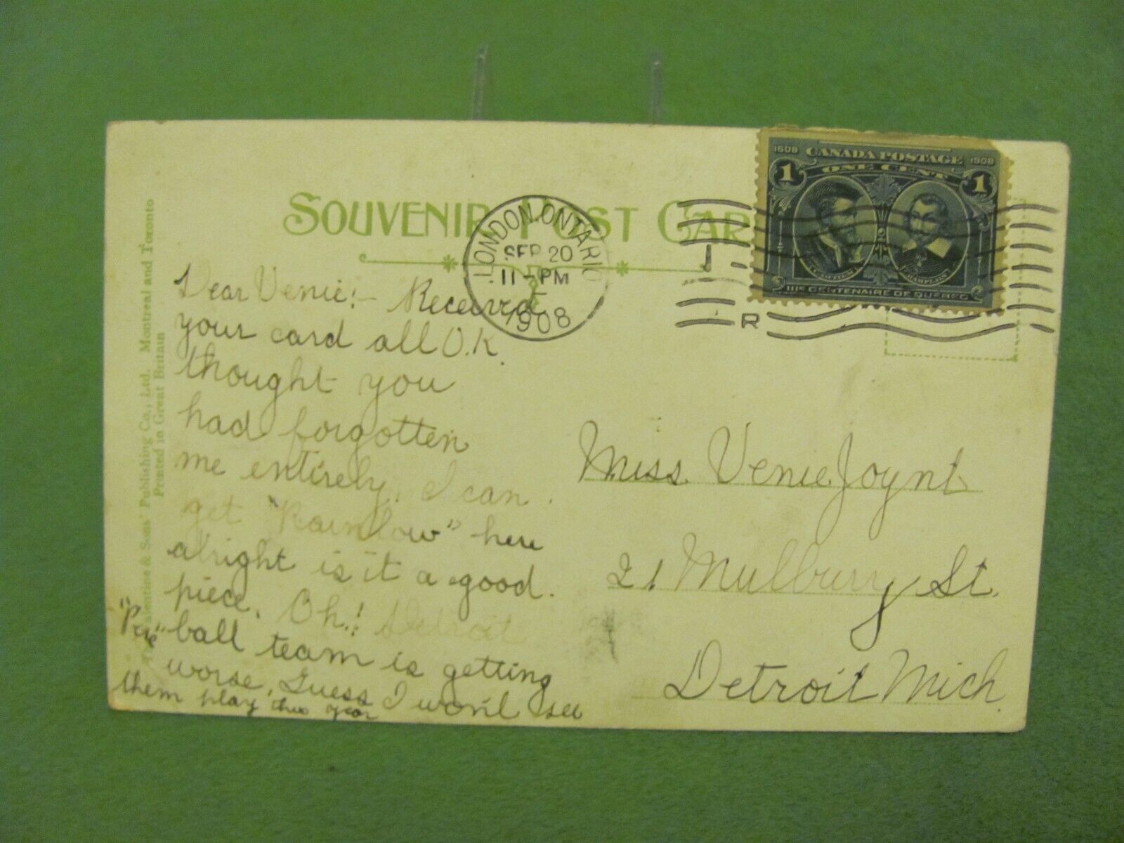 Pavilion, Springbank Park, London, Ontario, Canada. 1921 Postcard, w 1 Postage.