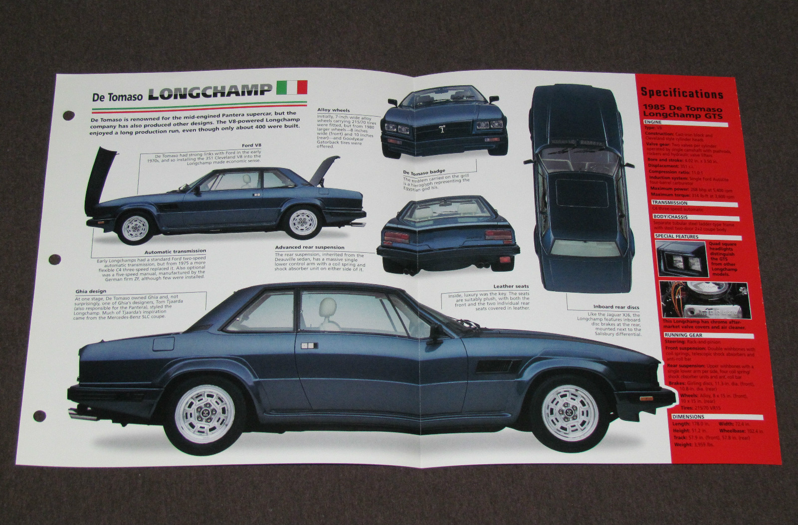 1972-1989 (1985) DE TOMASO LONGCHAMP PHOTO SPEC SHEET BOOKLET BROCHURE