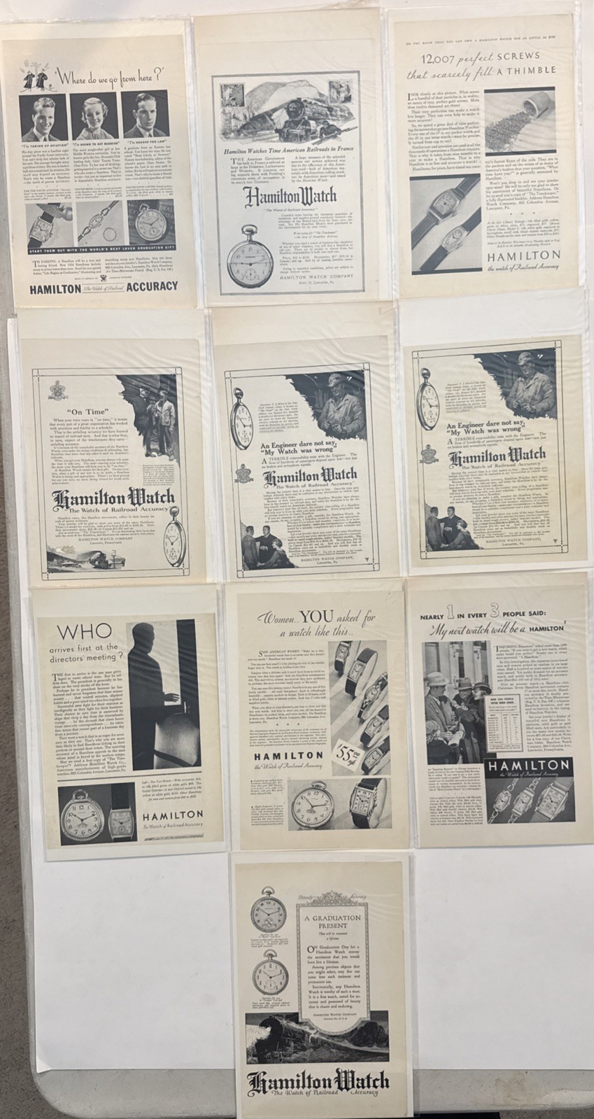 Lot 10 Original Hamilton Watch Print Ads 1918-1934 Railroad Accuracy Watches