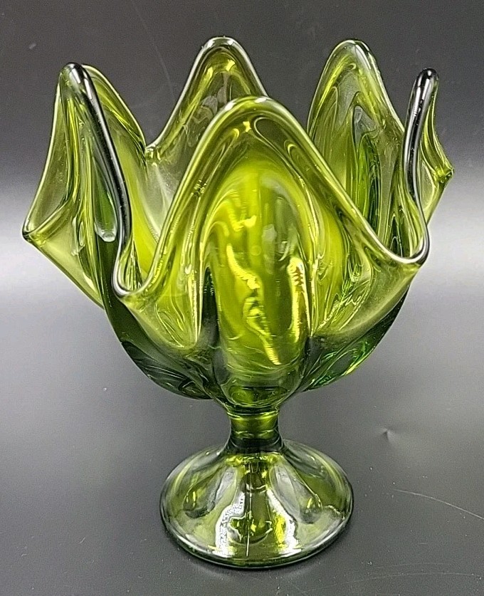 Viking Glass Vase Handkerchief Olive Green Pedestal Dish 6 Points 7\