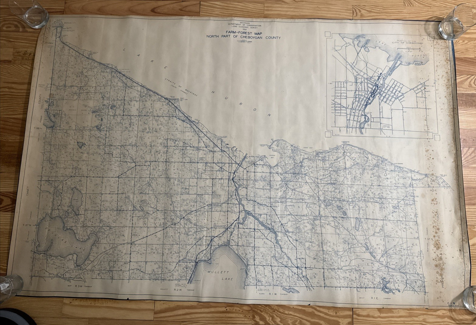Vintage 1932 Farm-Forest Map Northern Cheboygan County Michigan Straits Mackinac