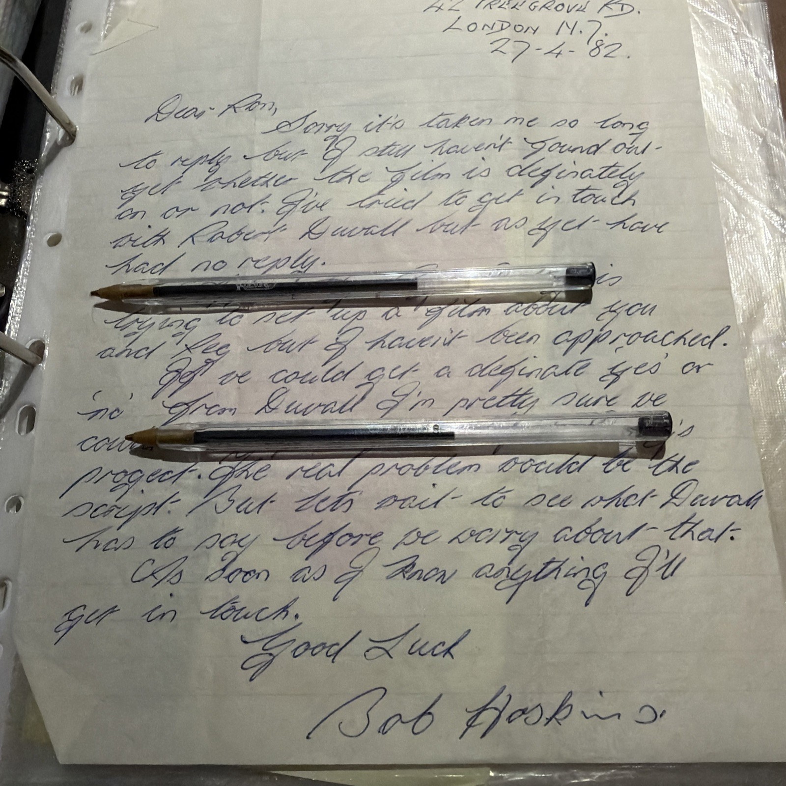 One sided letter to Ron Kray from Long Good Friday actor Bob Hoskins. The Krays