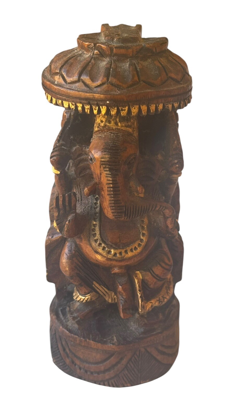 Hand-Carved Wooden Ganesh/Ganapati 6.25” Figure/Statue/Murti Under Canopy- India