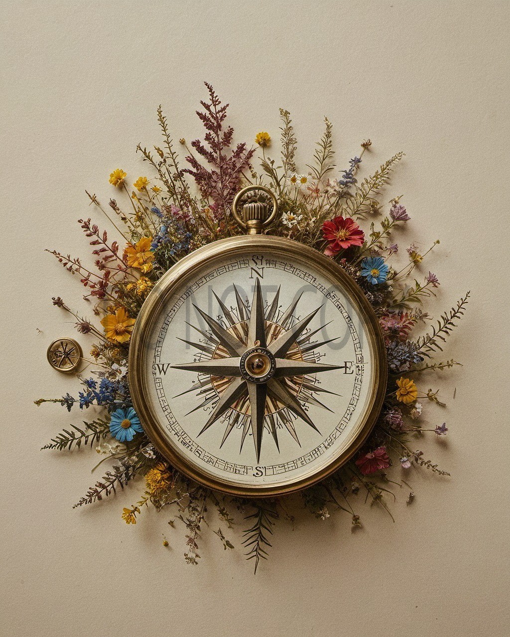 Vintage Brass Compass Wildflowers Botanical Wall Decor Art Print