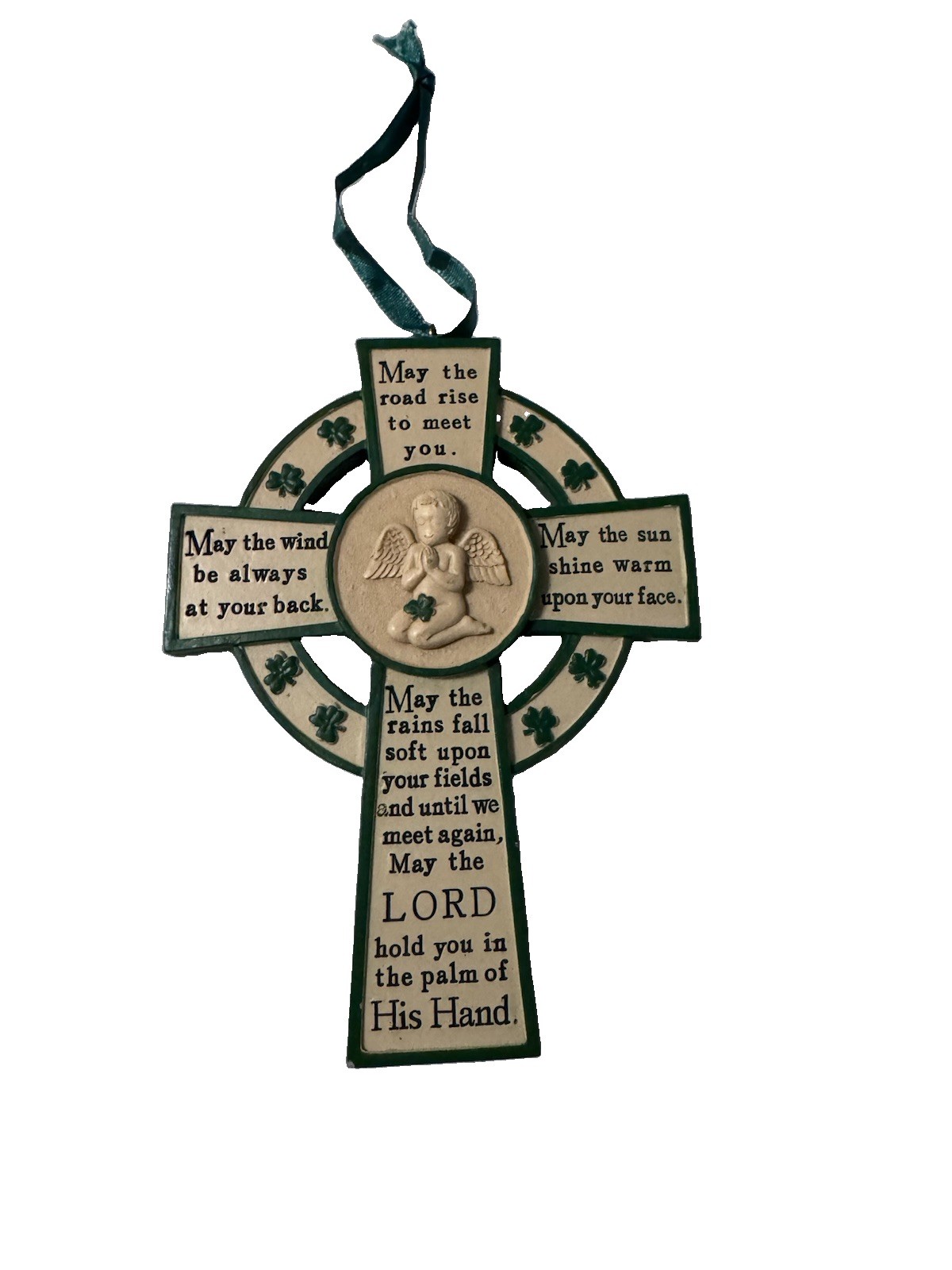 Irish Blessing Celtic Cross Angel Cherub Shamrock Wall Hanging Green 6.5”