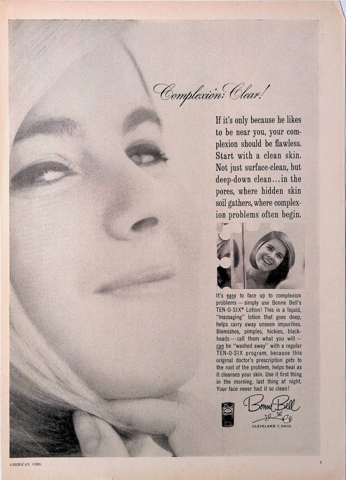 1964 Bonne Bell Ten O Six Vintage Skin Care Print Ad American Girl April