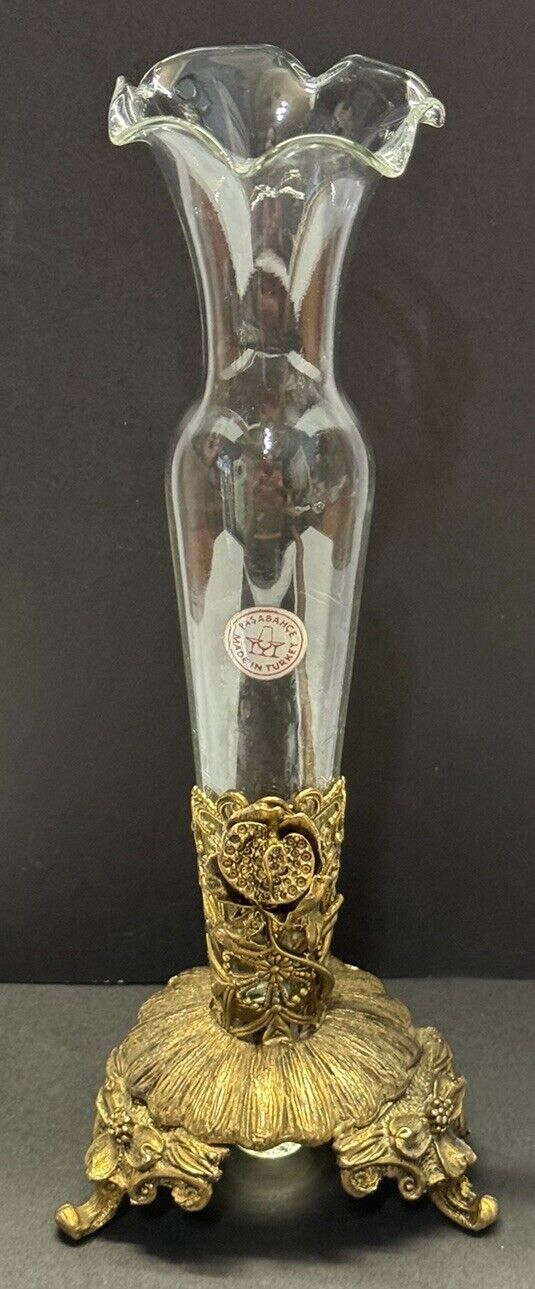 Vintage Ormolu Hollywood Regency Vanity Pasabahce Glass Bud Vase 3 Footed Gold