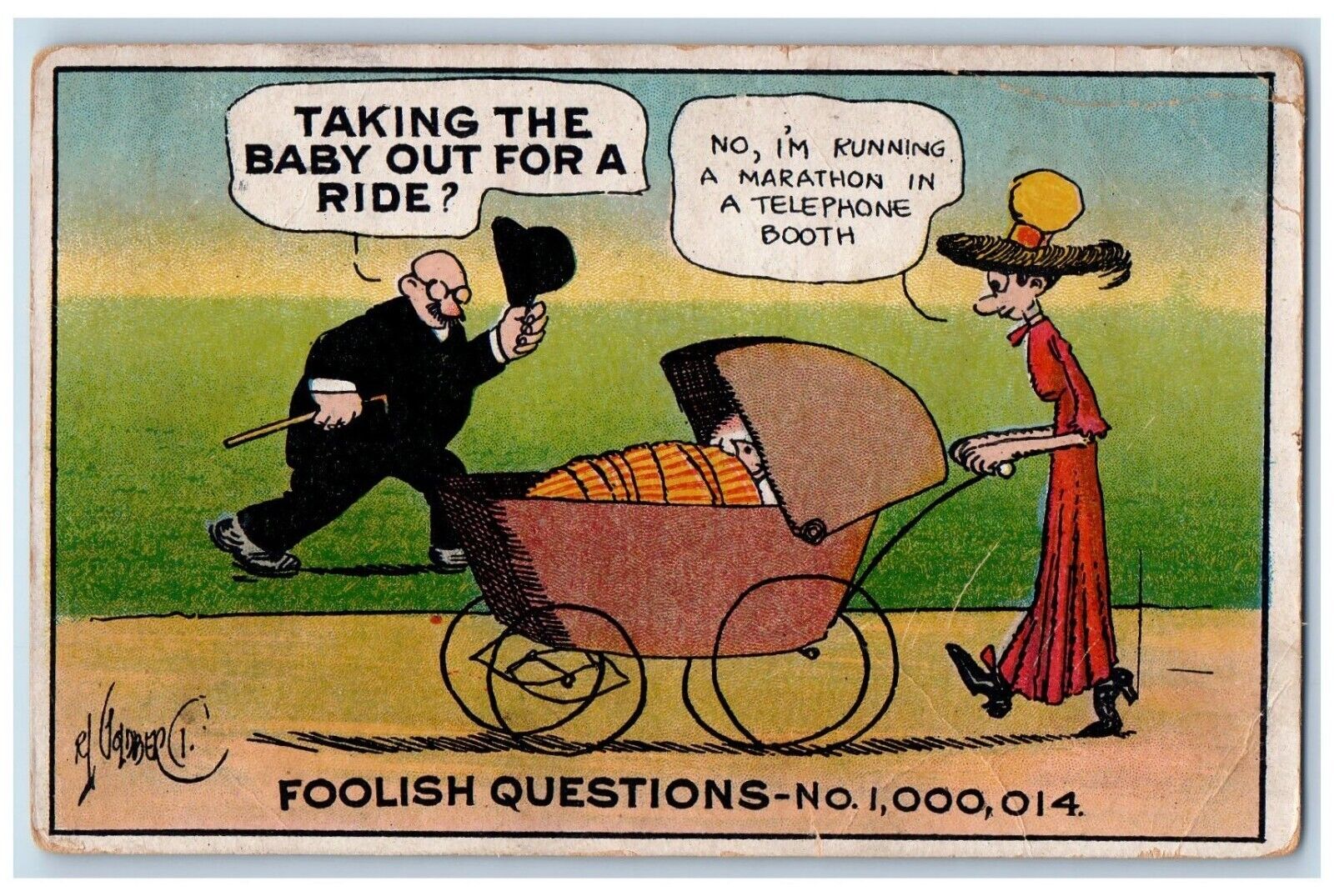 DPO De Lamere ND Postcard Comic Humor Foolish Question Taking Baby Out For Ride
